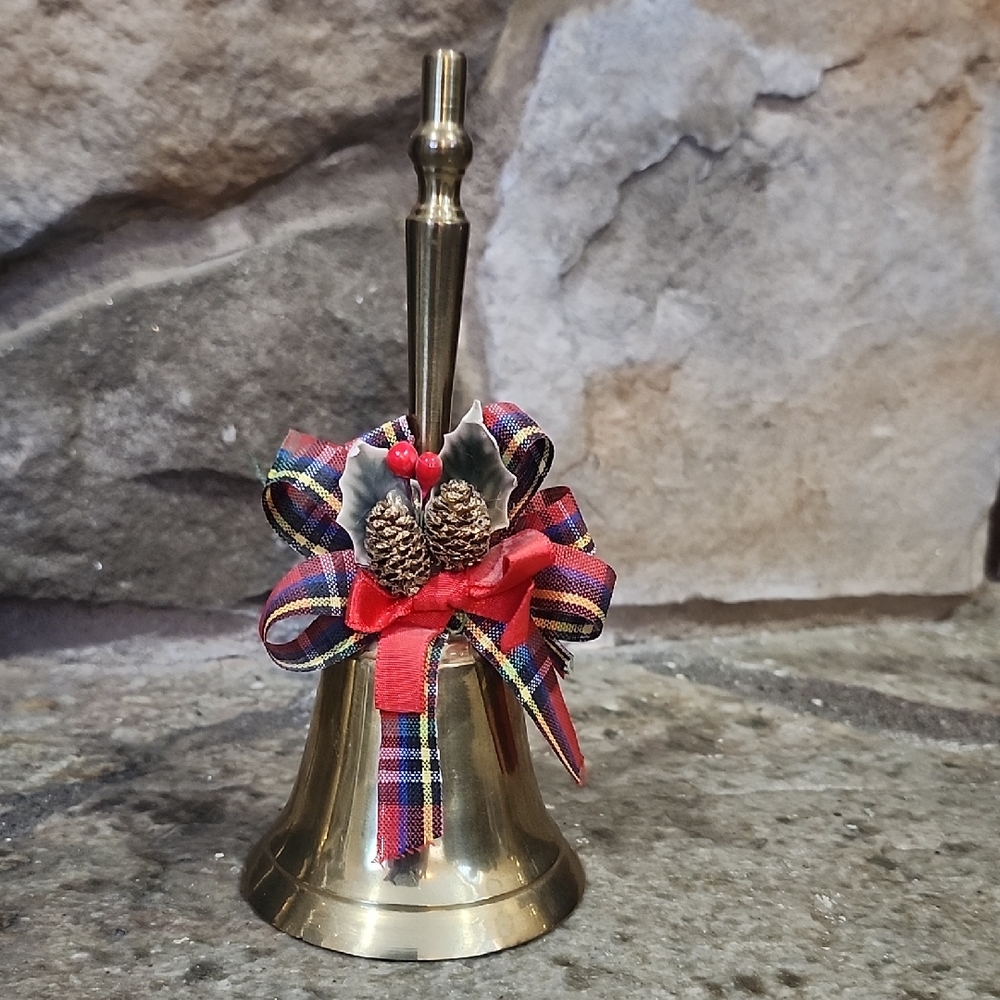 Festive Brass Bell with Red Plaid Bow